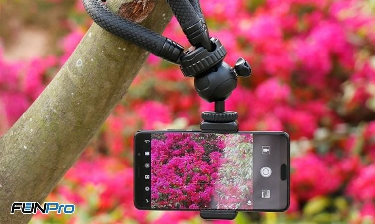 Celular preso na árvore de ponta-cabeça tirando foto das flores