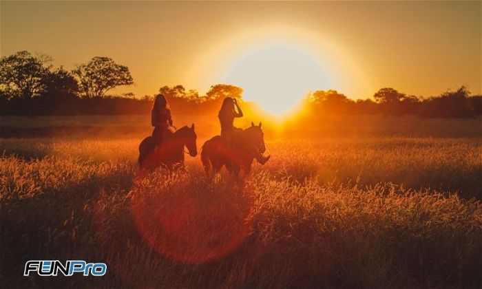 Duas pessoas andando de cavalo no campo ao por do sol