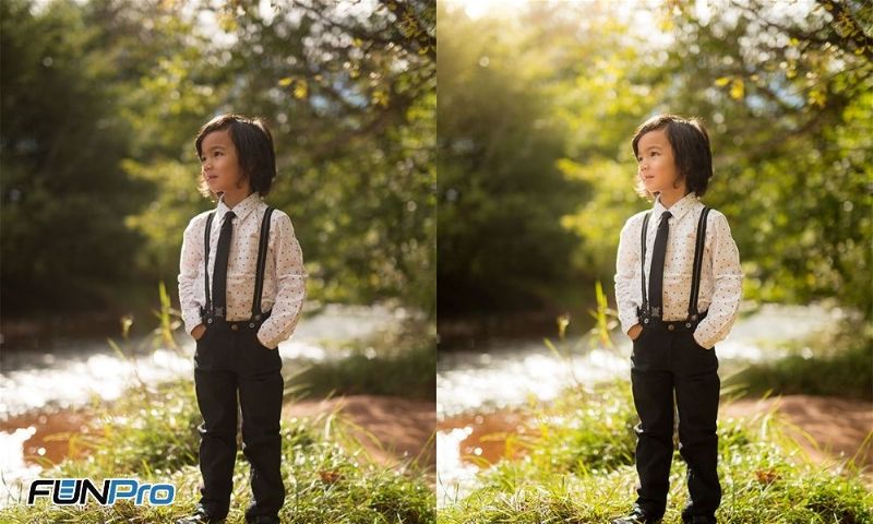 Duas fotos iguais uma ao lado da outra, sendo uma mais clara e outra mais escura. A imagem é de uma criança ao ar livre.